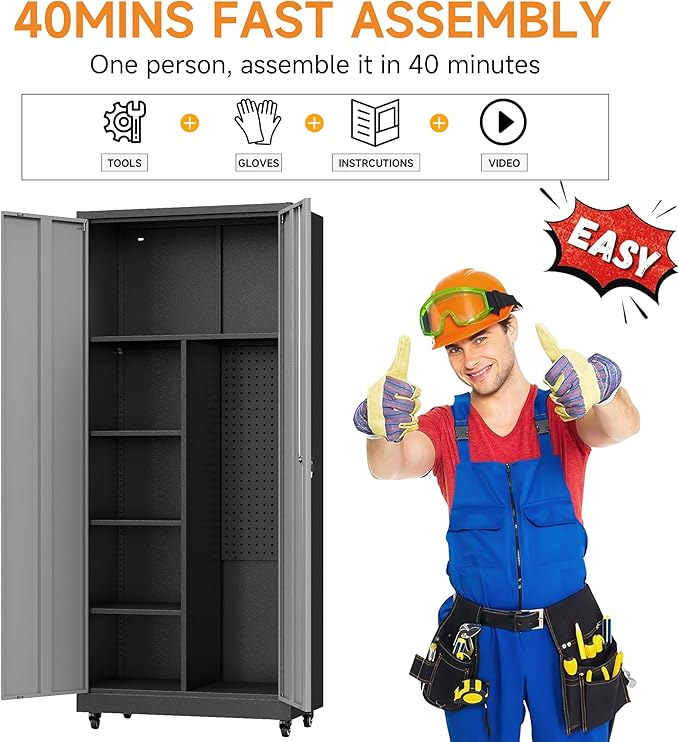 Metal Garage Storage Cabinet with 2 Doors, Adjustable Rolling Tool Storage Cabinet with Lock, 71" Steel Locking Tool Cabinet with Wheels and Shelves for Garage, Warehouse(Black&Gray, 71" H)
