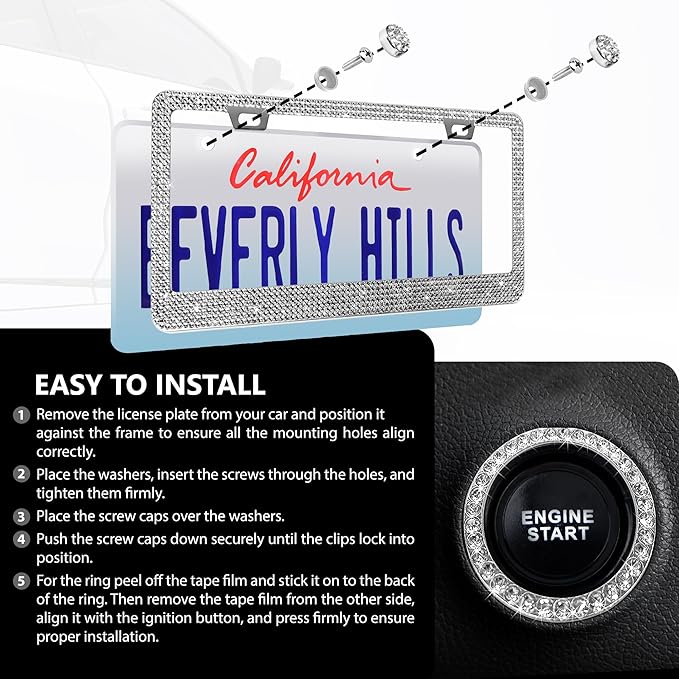 2 Pack Silver Bling License Plate Frames for Women - Stainless Steel with Diamond Sparkly Rhinestone License Plate Holder - Perfect Birthday for Auto Lovers