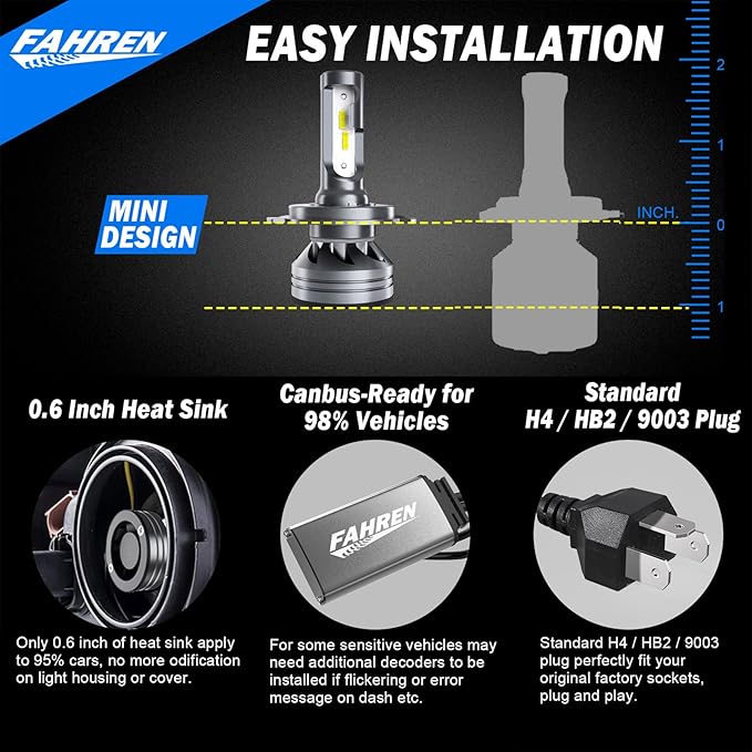 H4 Light Bulb, 40000LM 900% Super Brighter, Real 1:1 Size, 9003/HB2 Fog Light for Night Driving, 6500K Cool White, 60000Hrs Long Service Life with Cooling Fan, Plug and Play, Pack of 2