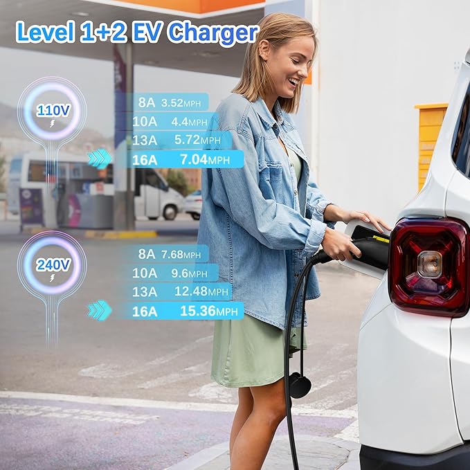 Portable Level 1&2 EV Charger, 16Amp Adjustable Current, Wallbox for Home/Travel, 110V/240V, NEMA 5-15&6-20 Plugs, 24.99FT Cable, Compatible with J1772 Electric Cars, Tesla Needs Adapter