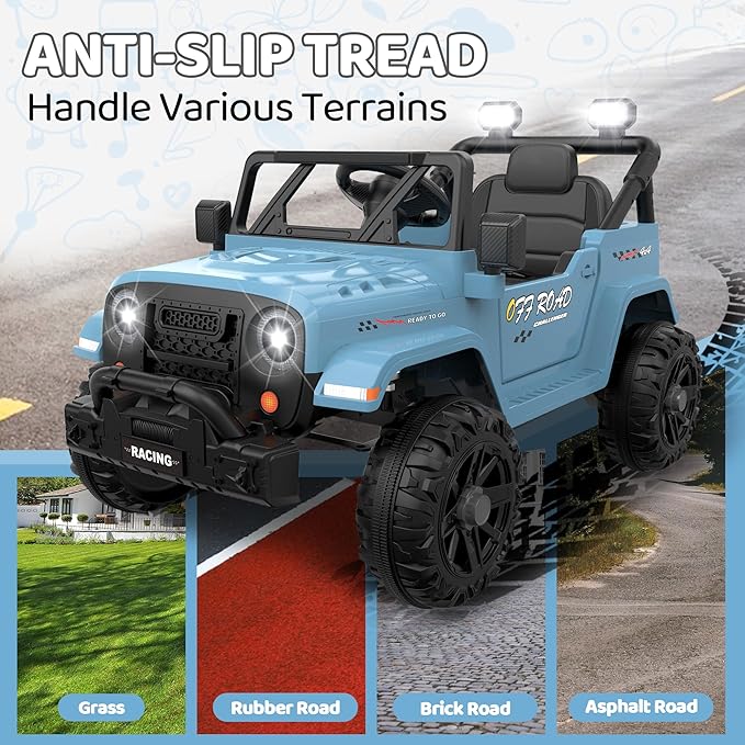12V Ride On Truck Car with Remote Control, Kids Electric Vehicles with Bluetooth Music, Horn, 3 Speeds, 4 LED Lights, Soft Start, Ride-on Toy for Toddler Boys & Girls (Blue)