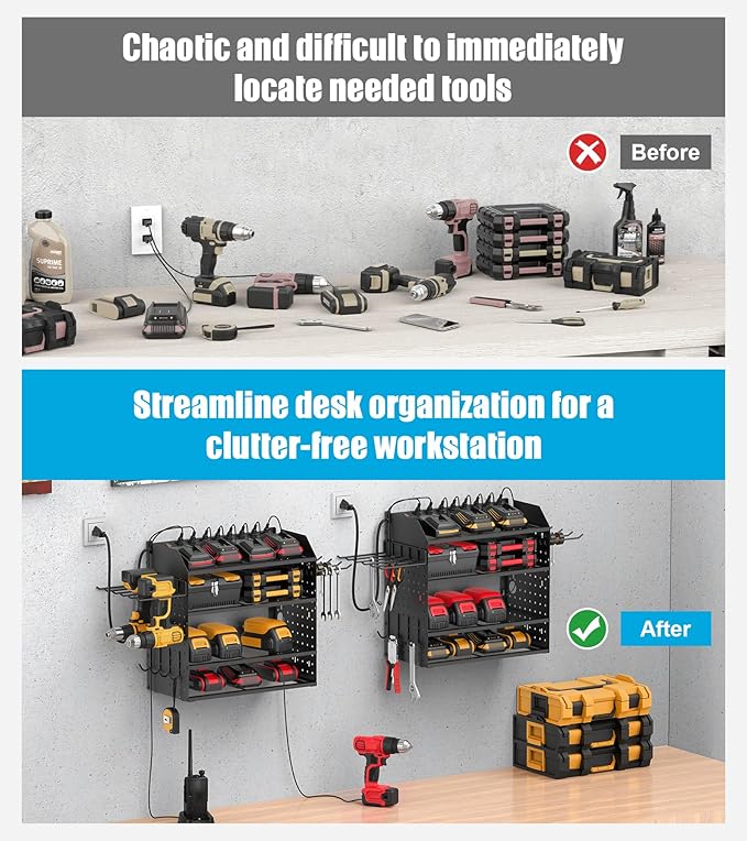 CCCEI Modular Desk Power Tools Organizer with Charging Station, 4 Layer Drills Battery Storage Wall Mount, Garage Shop Organization, Anniversary, Birthday, Gifts for Men, Father, Black, 10FT Cord.