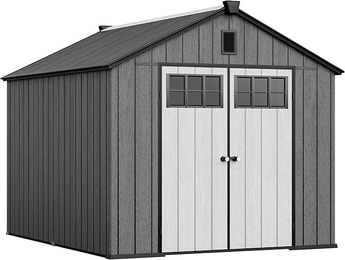 YITAHOME Outdoor Storage Shed 8x10 Ft, Plastic Storage Sheds with Floor, Lockable Doors, Windows, and Vents for Patio, Lawn, Backyard, Large Garden Storage for Bikes, Mowers, and Garden Tools, Black