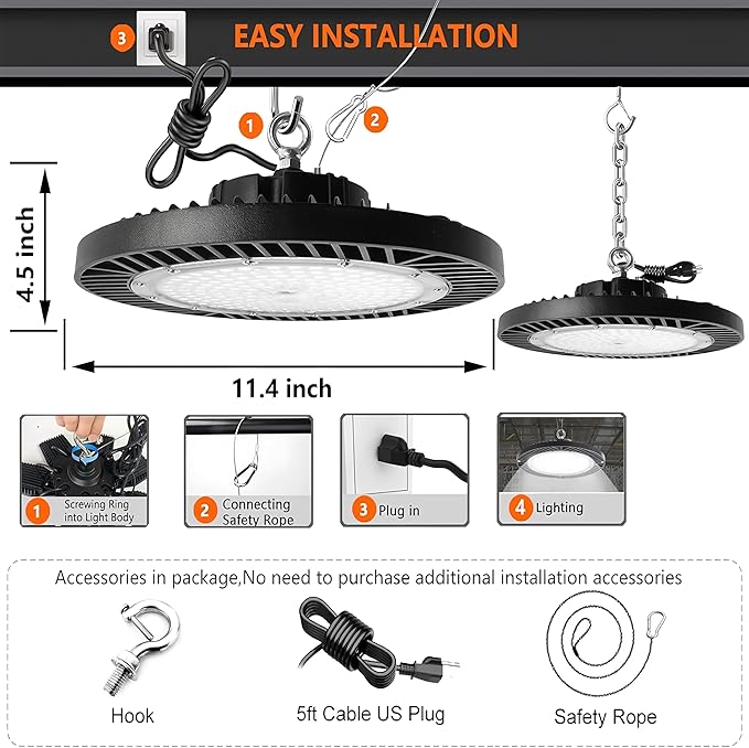 2Pack 250W UFO LED High Bay Light,30000lm 6000K Daylight 2500W Equivalent with US Plug Cable LED Garage Lights Commercial Warehouse Area Light Workshop Garage Factory Lowbay Area Lighting