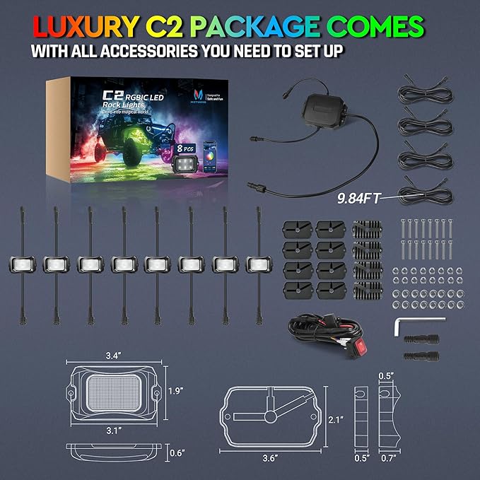 MICTUNING C2 MAX RGB+IC Chasing Color Rock Lights - 10 Pods Underglow Lighting Kit, Dynamic Lighting Modes, Extensible Up to 24 Pods with Stable APP Control, IP68 Waterproof, DIY Effect