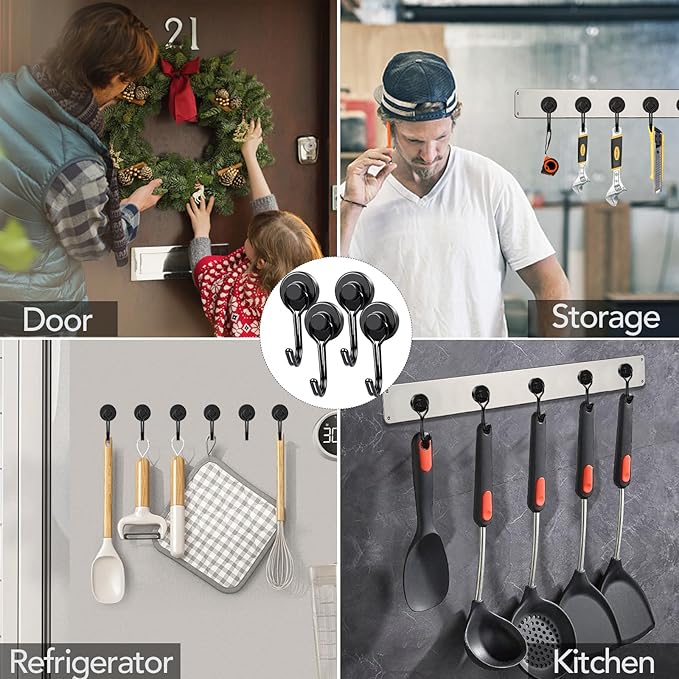 MIKEDE Magnetic Hooks, 40Lbs Heavy Duty Neodymium Magnet Hooks Black Magnetic Swivel Hooks for Hanging, 10 Pack Rust Proof Strong Magnets with Hook Metal Hanger for Fridge, Toolbox, Storage