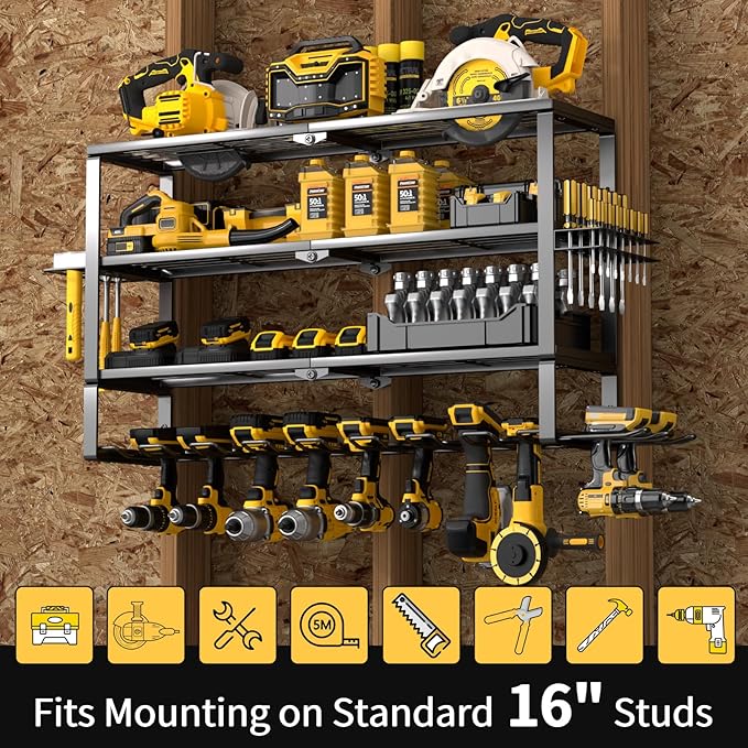 YYR Large Power Tool Organizer Wall Mount, Heavy Duty Metal Cordless Drill Storage Rack with Battery Charging Station Shelf, Utility Racks for Garage Organization, 4 Layer 10 Drills Holder Extra Tall