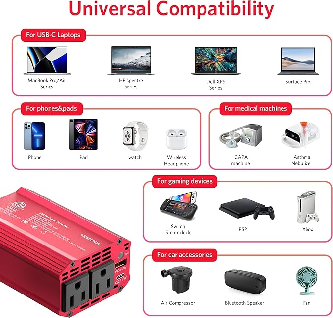 300W Car Power Inverter, USB-C PD65W QC 18W Converter Car Charger, DC 12V to 110V for Vehicles, Power Adapter for Car Charging