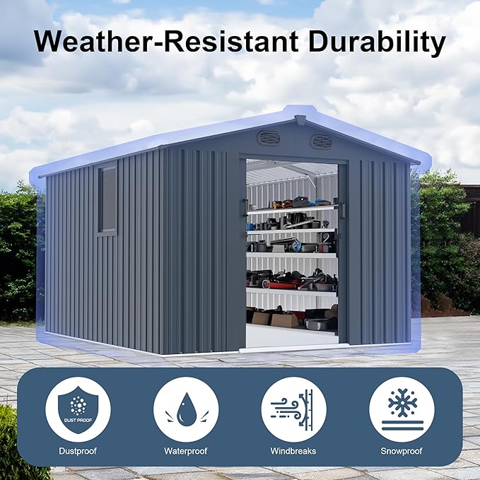 Outdoor Storage Shed 8x10 FT with Window - Metal Sheds & Outdoor Storage for Motorcycle, Bike, Garden Tool, Lawnmower - Backyard Tool Building with 1 Sliding Door and 4 Vents (Without Floor)