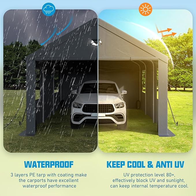 10x20 Carport, Heavy Duty Carport Canopy Garage with Removable Sidewalls and Drive Through Roll Up Zipper Doors, Grey