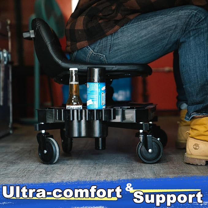 Rolling Stool with Wheels, Adjustable Height Pneumatic Garage Work Mechanic Stool Seat with Backrest, 400 LBS Capacity 360° Swivel Mechanic Crepper Chair with Tool Tray Storage, Blue