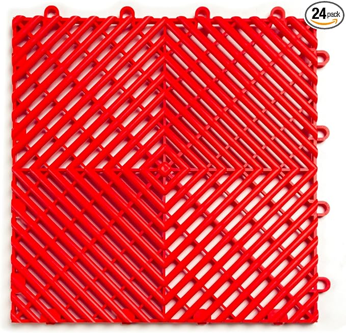 Big Floors RaceDeck Free-Flow Open Rib Self-Draining Design, Durable Copolymer Plastic Interlocking Modular Garage Flooring Tile (24 Pack), Red