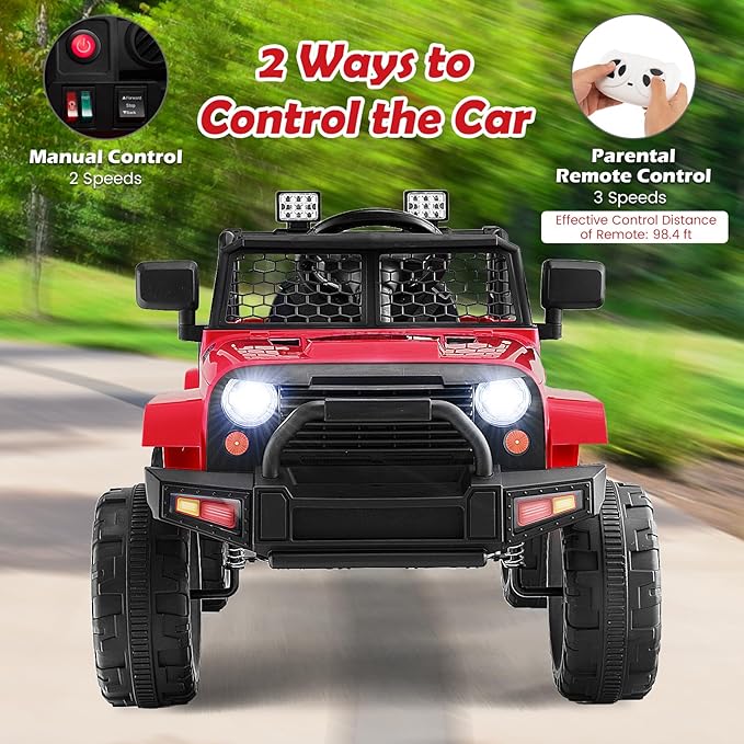 Costzon Ride on Car, 12V Battery Powered Truck Vehicle with Remote Control, Spring Suspension, Headlights, Music, Horn, MP3, USB & Aux Port, Gift for Boys Girls, Electric Car for Kids (Red)