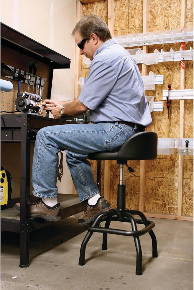 Performance Tool W85011 Pneumatic Swivel Bar Stool with Back Support, 360-Degree Swivel, Heavy Duty Steel Frame, Black