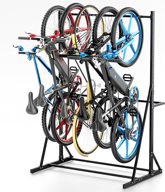 Freestanding Bike Storage Rack, Heavy Duty Vertical Bike Rack with 300LB Capacity, Hold 5 Bikes, Indoor Bicycle Organizer for Garage Storage with No Drilling Needed