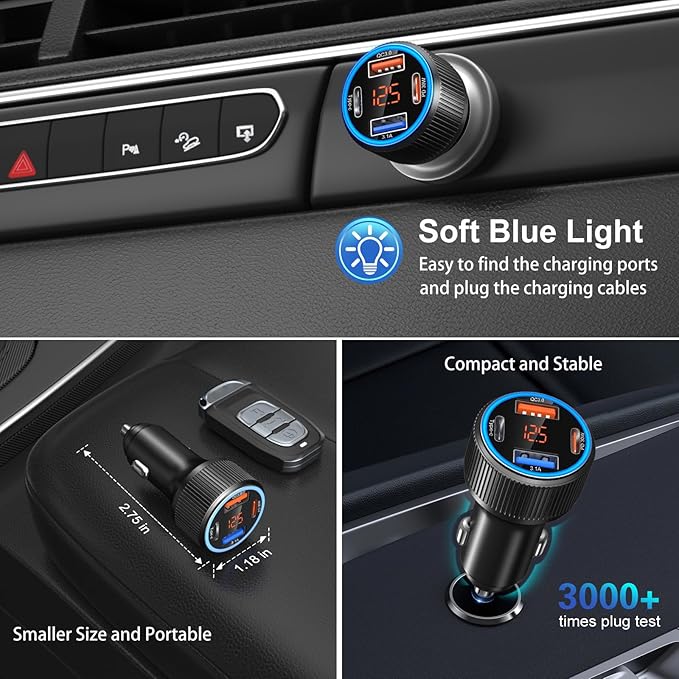 5 Pack USB C Car Charger, 4-Port 65W Car Power Adapter with Voltmeter QC+PD 3.0 Fast Charging Cigarette Lighter USB Charger for iPhone 16/15/14/13/12 Pro Max,Galaxy S25/S24,Android(Black)