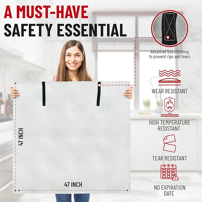 Emergency Fire Blanket for Home and Kitchen - 47"x47" - Must Have Fire Protection - Fire Suppression Fiberglass Fire Blankets for House Camping Car Office Emergency Survival Safety (4 Pack)