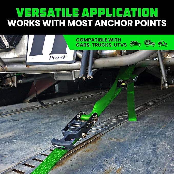 Rhino USA Car Tie Down Straps for Trailers with J Hooks (4-Pack) – 2" x8' (10,000lb Break Strength) – Heavy Duty Car Hauler Tire Straps with Axle Straps for UTV, Powersports & More – Green