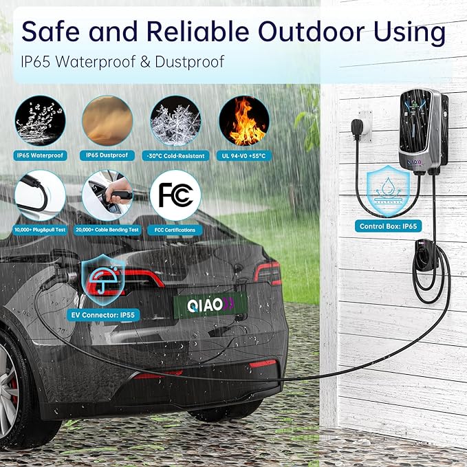 QIAO Level 2 EV Charger, Up to 40A Electric Car Charger, Wi-Fi Bluetooth APP Enabled EVSE, 4.3in Display, 25ft Cable, NEMA 6-50 Plug Charge Station Compatible with All SAE J1772 EV Models White