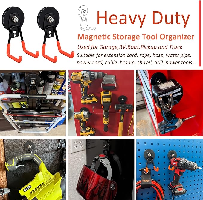 ULIBERMAGNET Heavy Duty Magnetic Garage Hooks,Strong Large Magnet Hooks for Power Drill,Garden Tools,Hose,Pegboard,Garage,Workshop,2 Pack Magnetic Storage Holder for Indoor Outdoor Hanging(Orange)
