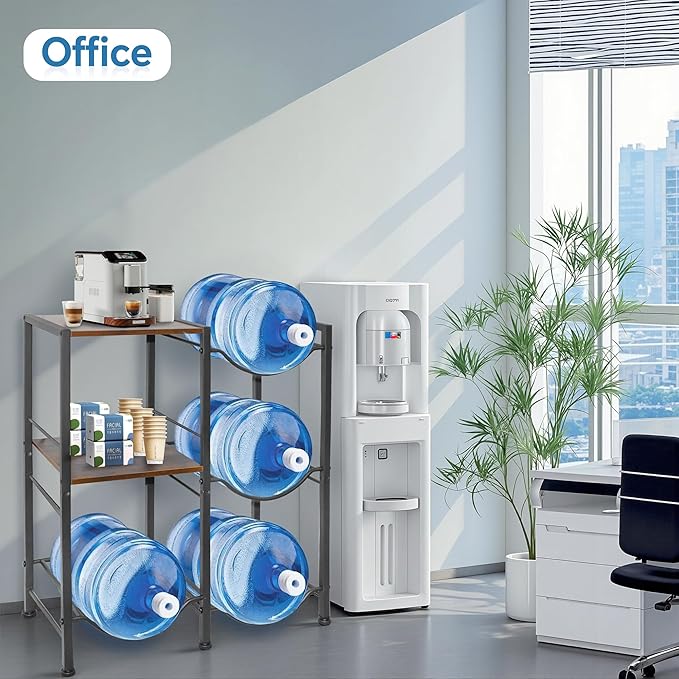 3-Tier 5 Gallon Water Bottle Holder, Heavy Duty Water Jug Rack with Wood Top Shelf, Water Dispenser Stand for Kitchen, Office, Garage