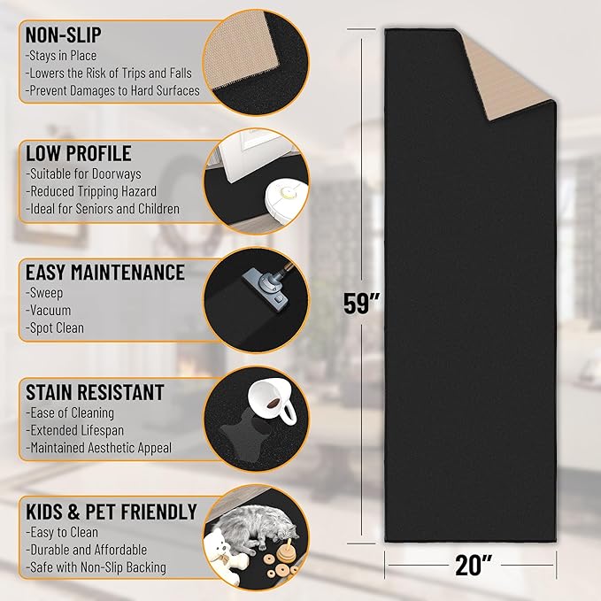 Ottomanson Hallway Runner Rug 20" x 59" Non Slip Solid Area Rugs Easy to Clean Laundry Rug Runner Durable & Pet Friendly Floor Carpet Runners for Hallways Entryway Living Room Kitchen, Black