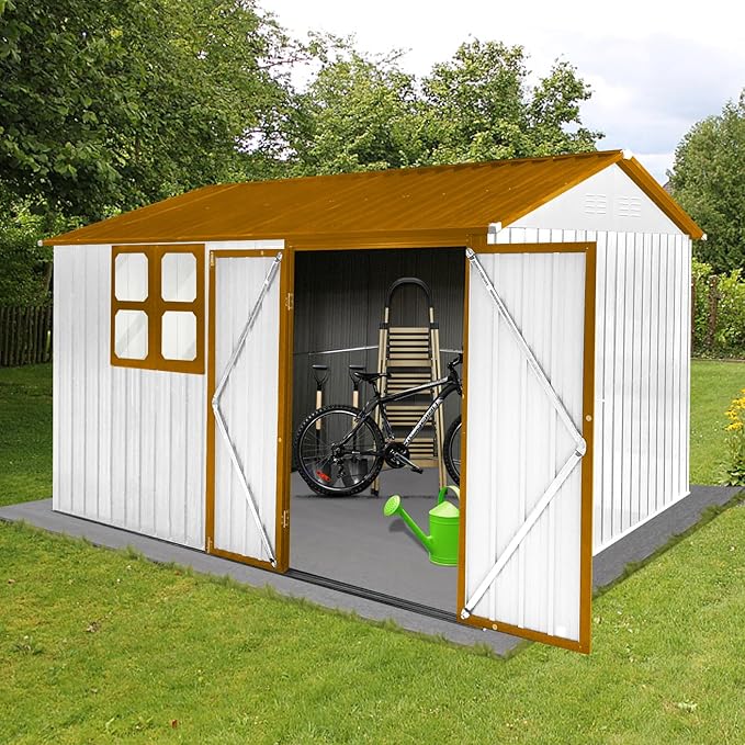 8x10 FT Outdoor Storage Shed, Metal Garden Shed with 4-pane Window, Outside Tool Shed with Lockable Hinged Doors & 4 Air Vents, Waterproof Storage Building for Backyard, Patio, Lawn, White+Yellow