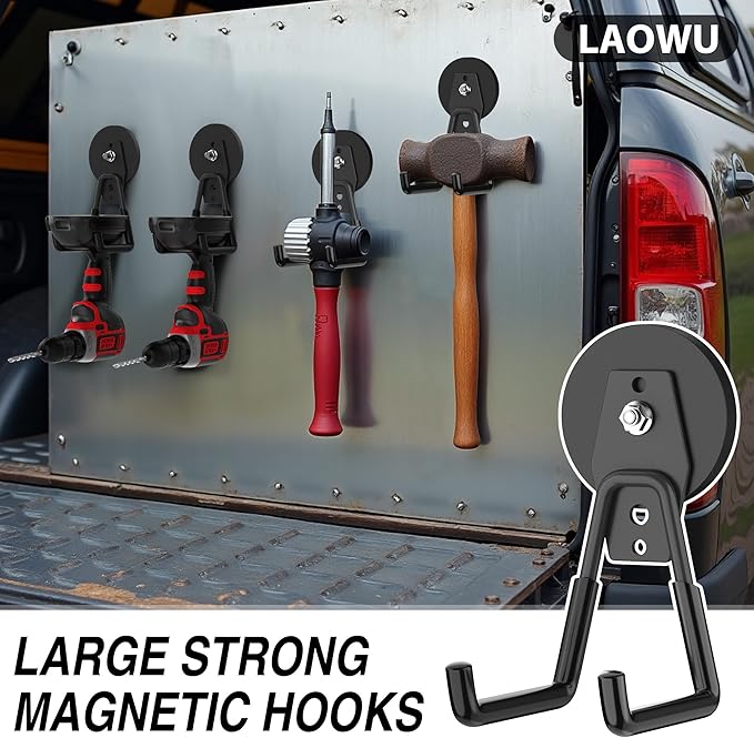 6 Pack Heavy Duty Storage Magnetic Utility Hooks Large Garage Strong Extra Magnet Hooks Hanger with Anti-Slip Coating Heavy Duty Magnetic Hooks for Hanging Power Dril Garage Garden Tools Black