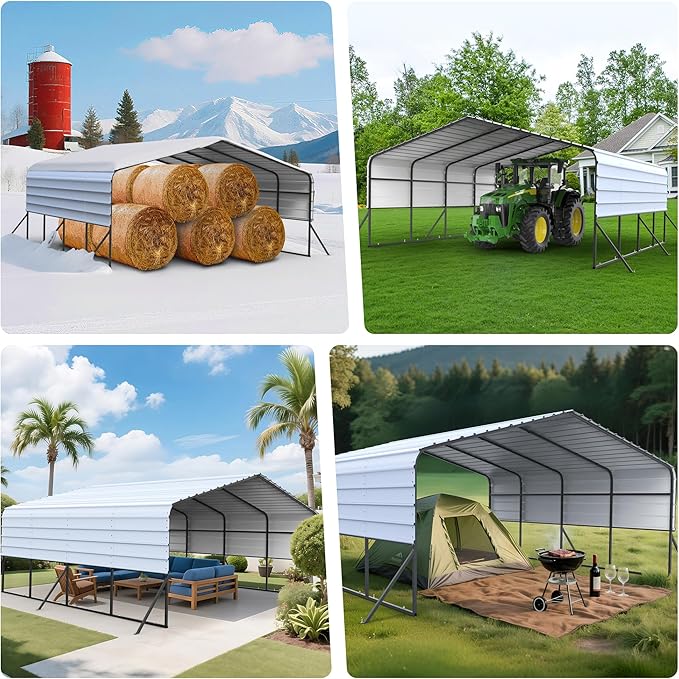 20x20 Metal Carports Heavy Duty for 2 Cars Garage,Car Tent Garage with Galvanized Metal Roof,Outdoor Garage Shelter for Car, SUV, Truck and Boats, Grey All Weather