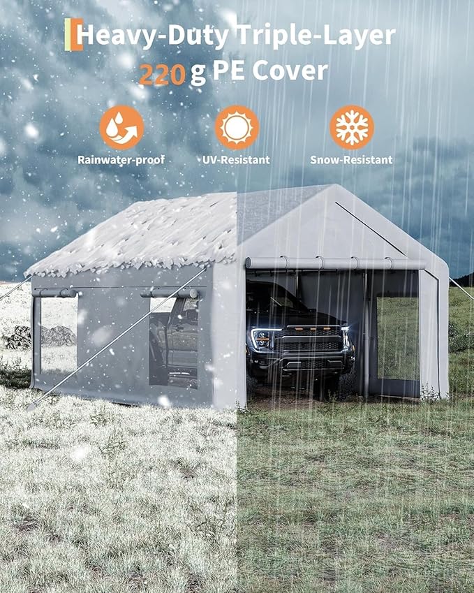 13 x 20ft Heavy-Duty Carport Canopy with Roll-Up Windows & DoorsThickened Wind Ropes, Ground Nails, Portable Car Tent Garage for Cars, Trucks, Boats, 180G Durable Tarp Cover,White