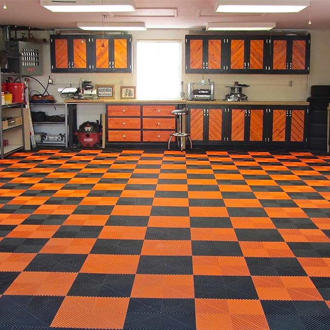 15.7"x15.7" Garage Flooring Tiles, Non-Slip Interlocking Plastic Garage Floor Mat, Garage Organization & Garage Storage, Vented Pattern (Orange, 25PCS)