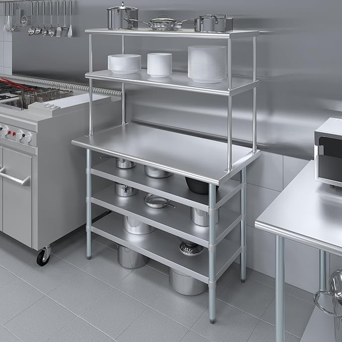 Amgood 24" x 48 Stainless Steel Work Table with 3 Shelves and 18" Wide Double Tier Overshelf | Metal Kitchen Prep Table & Shelving Combo | NSF