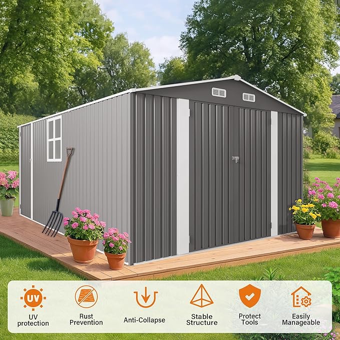 10 x 14 FT Outdoor Storage Shed, Metal Garden Tool Shed with Slooping Roof, Lockable Doors, All-Weather Bike Shed Easy to Assemble for Backyard, Patio, Lawn, White+Black