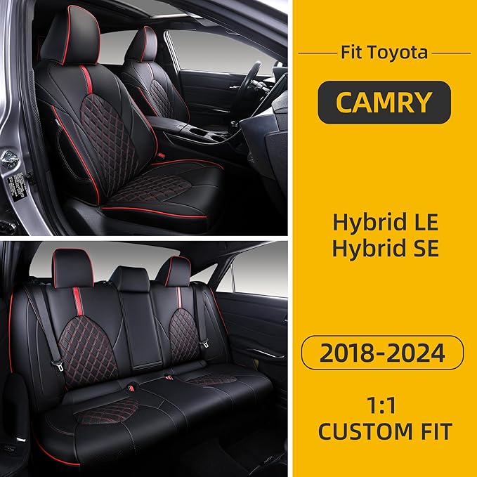 Custom Fit Camry Seat Covers for Toyota Camry Hybrid LE, Hybrid SE 2018-2024 Full Coverage Waterproof Breathable Leather Car Seat Covers Full Set (Black with Red Trim)