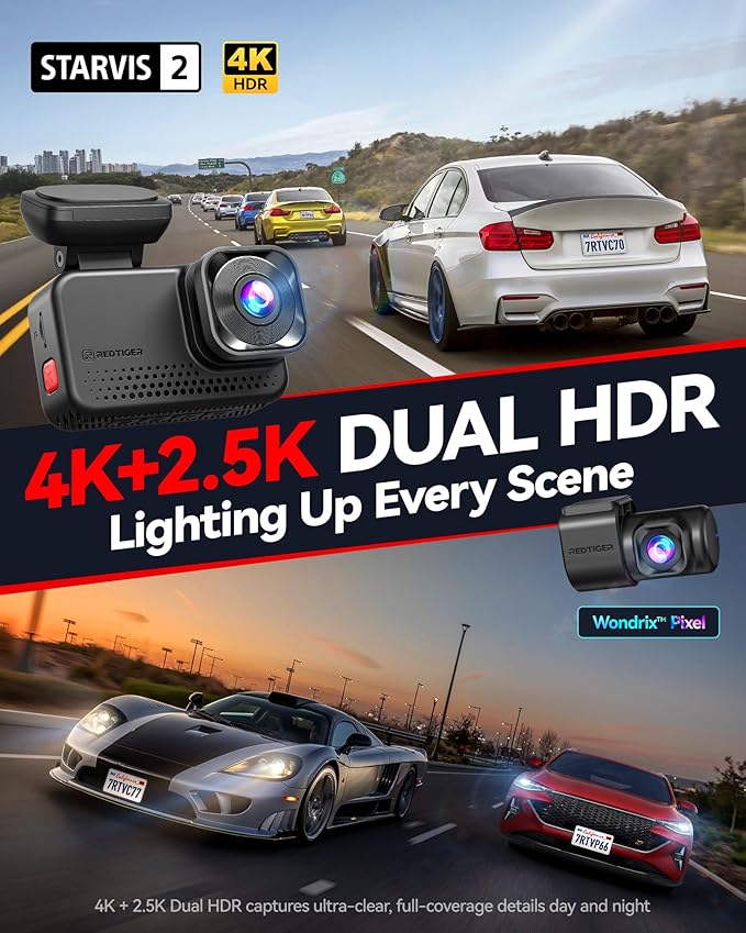 REDTIGER ViewClear 70 4K+2.5K Dash Cam Front and Rear, STARVIS 2 IMX678 x Wondrix™ Sensor, Dual HDR Hyper Night Clarity, 5.8GHz WiFi 6, 30MB/S Fast Download, Dash Camera with 24H Parking Monitor
