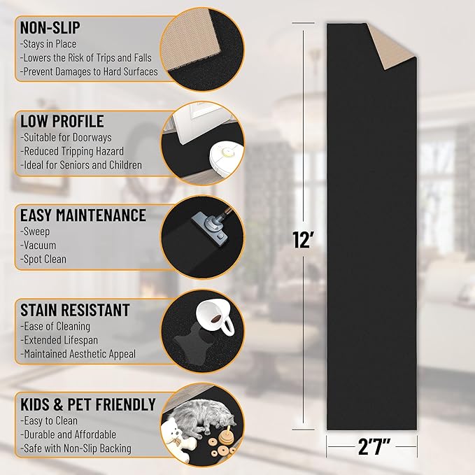 Ottomanson Hallway Runner Rug 2'7" x 12' Non Slip Solid Area Rugs Easy to Clean Laundry Rug Runner Durable & Pet Friendly Floor Carpet Runners for Hallways Entryway Living Room Kitchen, Black