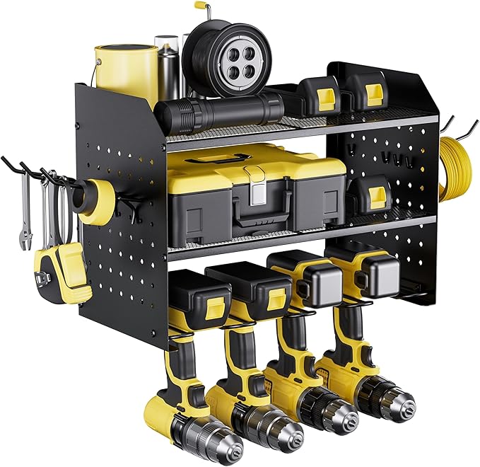 TRZZ Power Tool Organizer Wall Mount, 3-Layer Drill Holder with 2 Side Pegboards, Cordless Drill Rack with 4 Hooks, Efficient Storage for Workshop, Garage, and Tool Room (Black)
