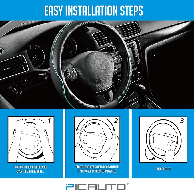 PIC AUTO Steering Wheel Cover, Mint Piping Leather, Sports Carbon Fiber and Super Breathable Leather, Universal 14.5-15.5 Inch Anti-Slip Steering Wheels Accessories for Men & Women