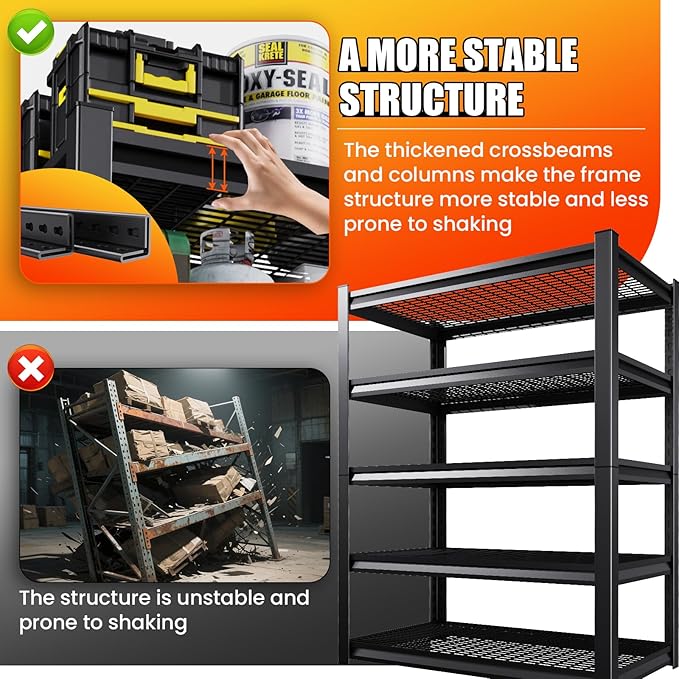 Large Garage Shelving, 5-Tier Garage Storage Shelves 3000LBS Heavy Duty Shelving Unit, Adjustable Steel Metal Shelving, Wire Shelves for Garag, Utility Rack Shelf for Basement, 72 ”H×45.7”W×19.7”D