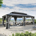 Aoxun 14' X 24' Hardtop Gazebo with Drainage System, Aluminum Outdoor Gazebo with Galvanized Steel Double Roof, Patio Permanent Metal Pavilion with Netting, for Garden, Deck, Grey
