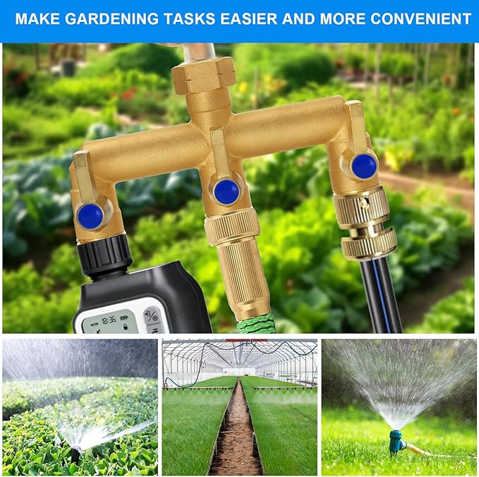 Brass Garden Hose Splitter, 3 Way Hose Splitter, Outdoor Hose Splitter, GHT 3/4 in. Female Inlet and 3 Way 3/4 in, (Increase Flow Style)