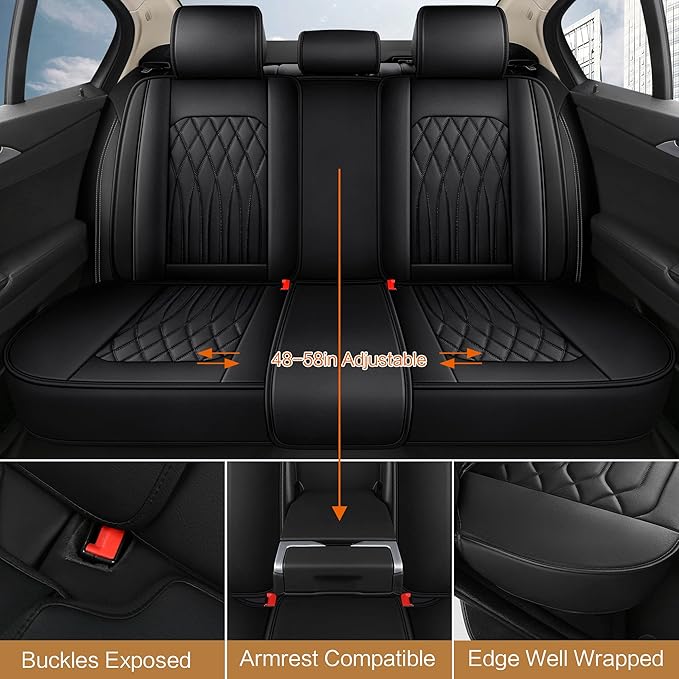 Pariitadin Leather Car Seat Covers Full Set, Waterproof Faux Leather Seat Covers for Cars, Non-Slip Car Interior Covers Universal Fit for Most Cars Sedans Trucks SUVs, Black Line