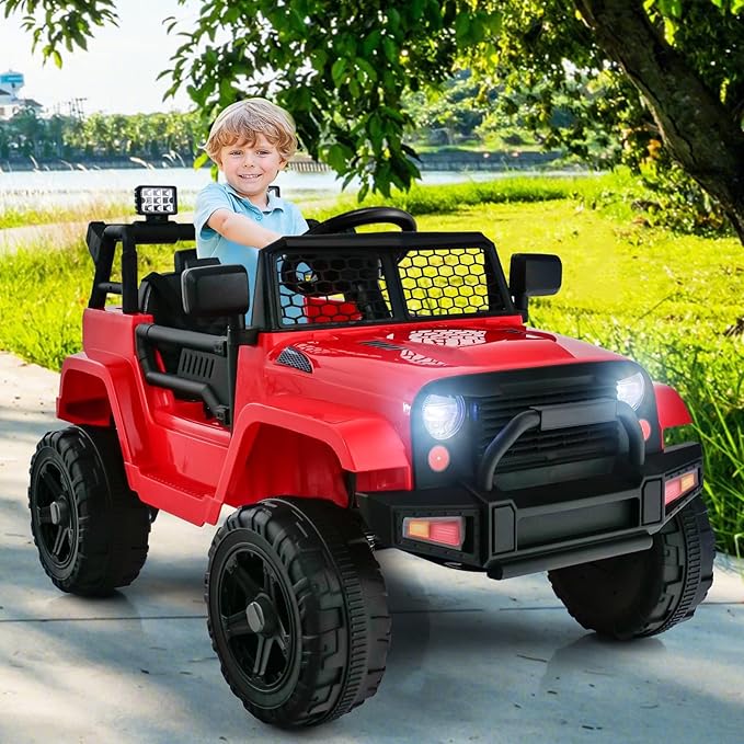 OLAKIDS Kids Ride On Truck, 12V Electric Vehicle Jeep Car with Remote Control, Toddlers Battery Powered Toy with 2 Speeds, Spring Suspension, Double Open Doors, LED Lights, Music, TF,USB, Mp3 (Garnet)