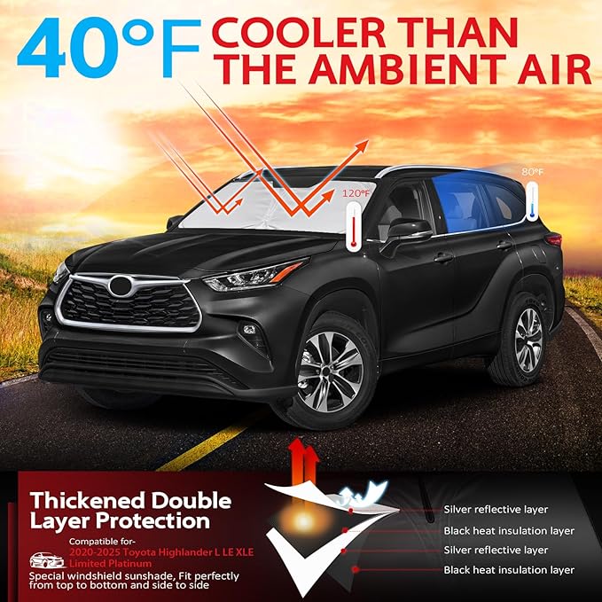 KAYZT Windshield Sun Shade for Toyota Highlander 2020-2025 2026 L LE XLE Limited Platinum Foldable Sunshade Front Window Custom Fit Accessories