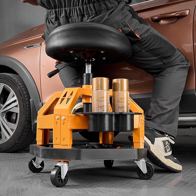 VEVOR Garage Stool, Rolling Mechanic Stool with Dual Storage Trays, Pneumatic Height 23.6–29.5 in, Soft Waterproof Cushion, 360° Swivel Casters for Garage, Shop & Auto Repair