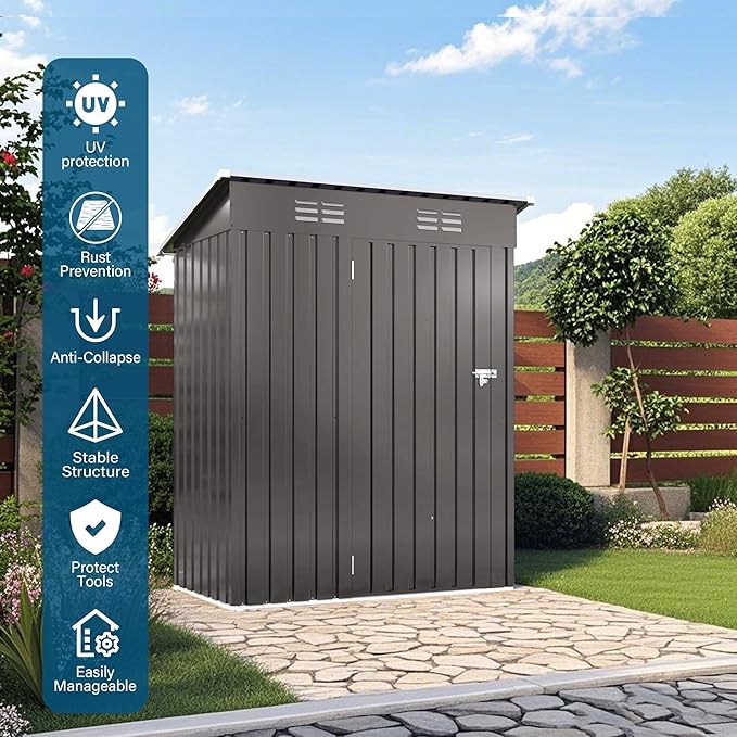 ARMSET 5x3 FT Metal Outdoor Storage Shed for Patio & Balcony - Waterproof Small Shed for Garden Storage, Lockable Vertical Tool Shed Cabinet for Backyard, Bike Parts & Everyday Sundries