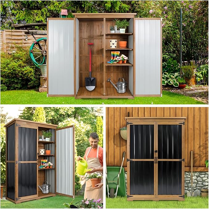Outdoor Storage Cabinet Waterproof with Shelves, Outdoor Storage Shed Garage Cabinet Weatherproof, Wood & Metal Outside Patio Backyard Garden Pool Storage Tool Organizer