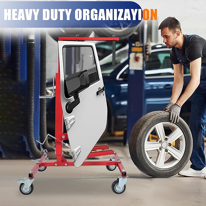 HECASA Adjustable Car Door Installer and Remover Jack Lift Hoist w/Swivel Castors & Straps Hoist Jack Stand Dolly Heavy Duty Auto Body Car Door Floor Jack Stand Steel Red