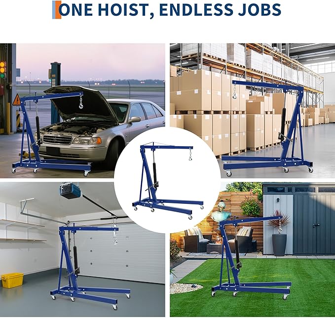 Engine Hoist Cherry Picker, 2 Ton Folding Hydraulic Engine Hoist with Telescopic Boom & 6 Casters, Heavy Duty Shop Crane Lifting Cherry Picker for Workshops Garage, Blue