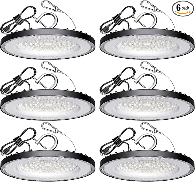 6 Pack UFO Led High Bay Light 150W(600W MH/HPS Equiv.), 21000lm, 5000K High Bay Led Lights with 5' Cable US Hook, IP65 Waterproof Commercial Lighting Fixture for Warehouse Workshop Barn Factory